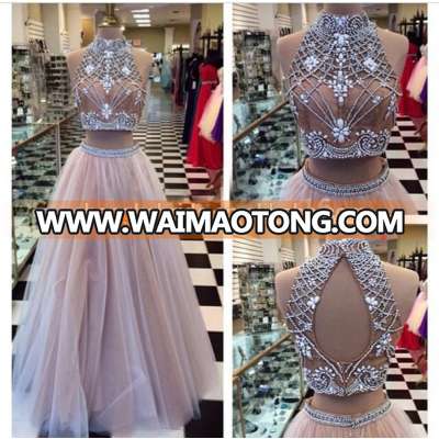 Custom Made Two Piece Beaded Evening Dress Backless Long Sexy 2016 prom dress